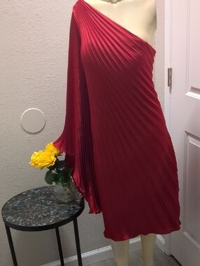 Rene Ruiz One-Shoulder Red Pleated Midi Dress